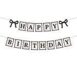 Banner “Happy Birthday” μπεζ με μαυρα γράμματα και φιογκάκια
